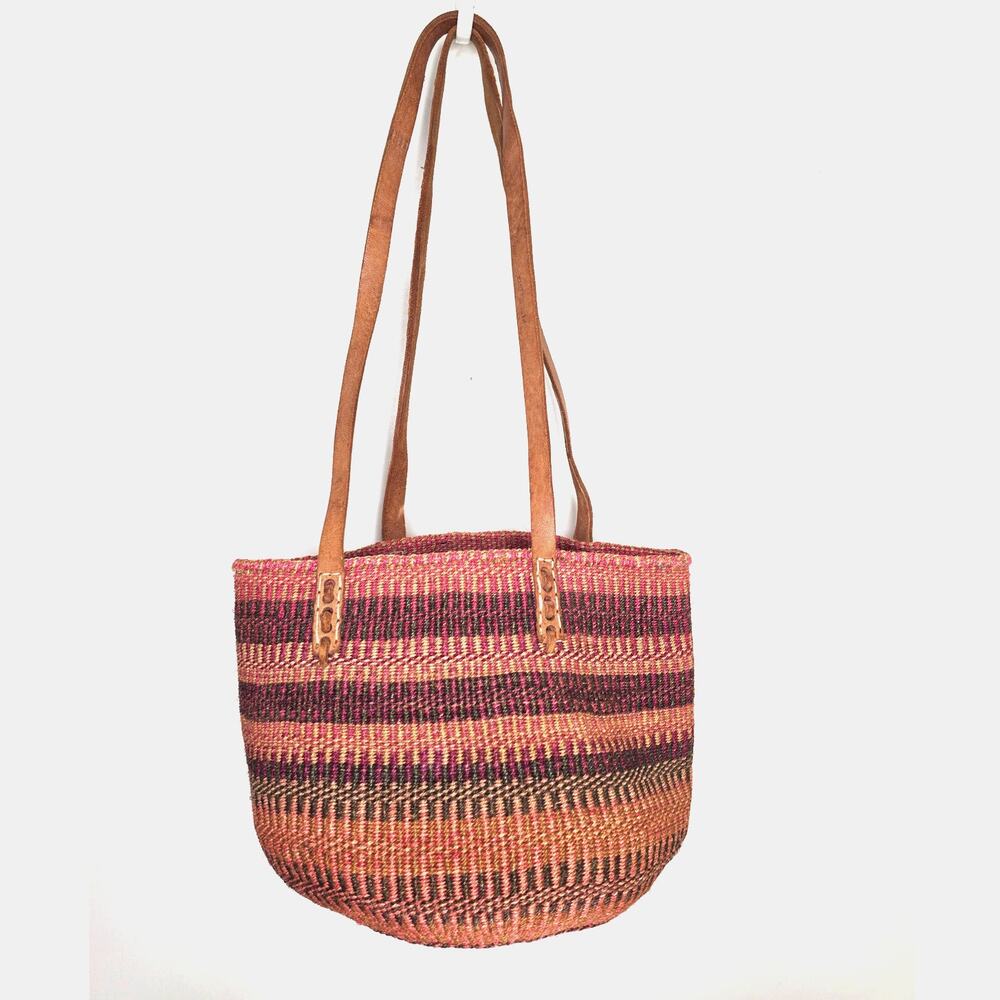 Vintage Woven Sisal Market Basket Tote Bag Leather Handles Raffia - Picture 2 of 8